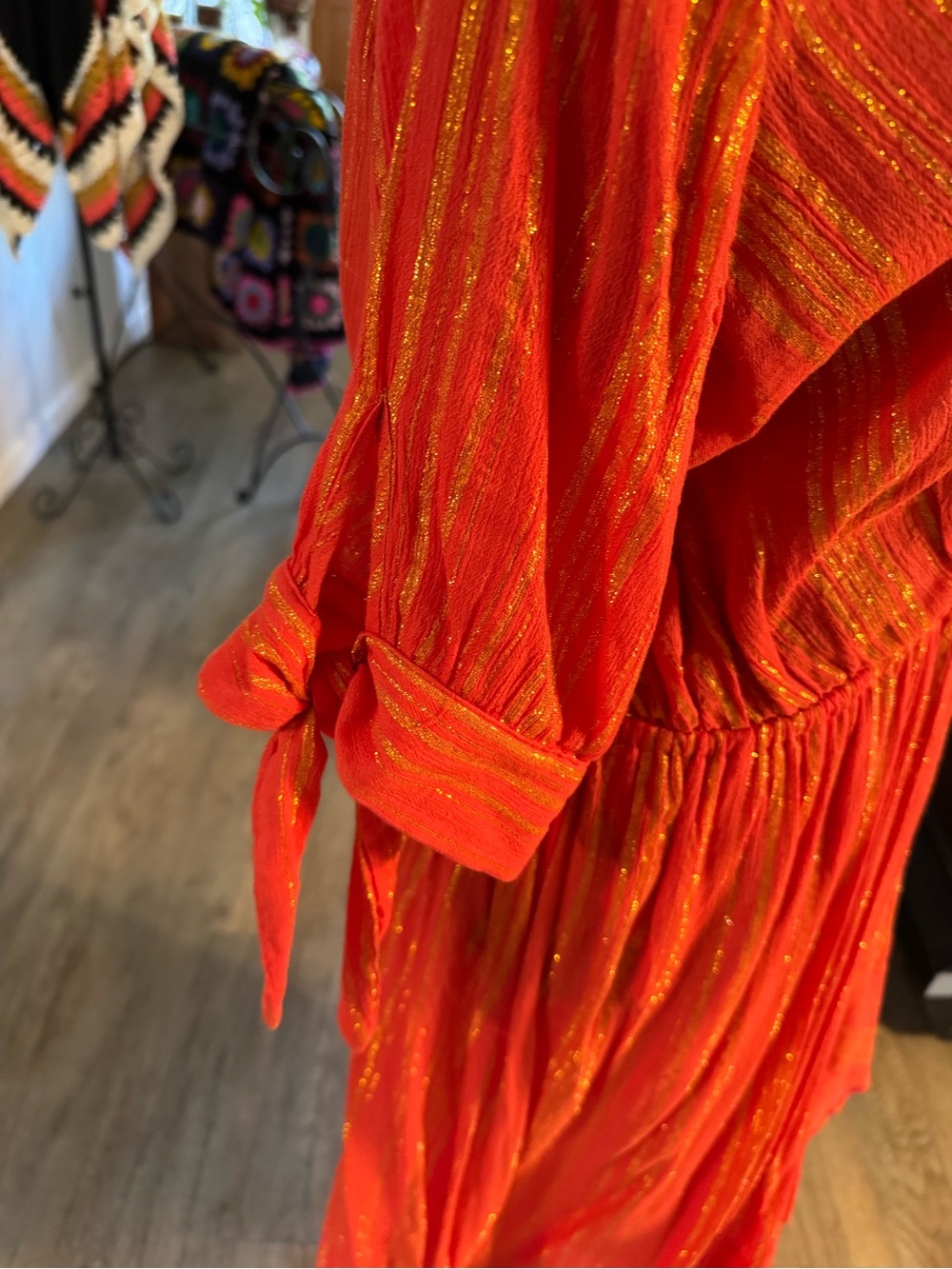 Michael Kors Orange Metallic-Striped Midi Wrap Dress - Picture 3 of 7